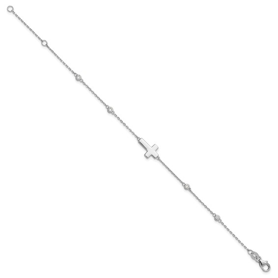 Sterling Silver Rhodium-plated CZ Sideways Cross 8in w/1in ext. Bracelet