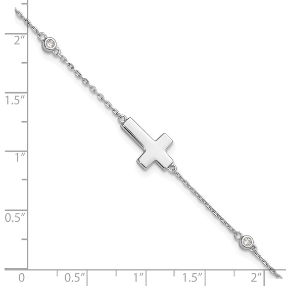 Sterling Silver Rhodium-plated CZ Sideways Cross 8in w/1in ext. Bracelet