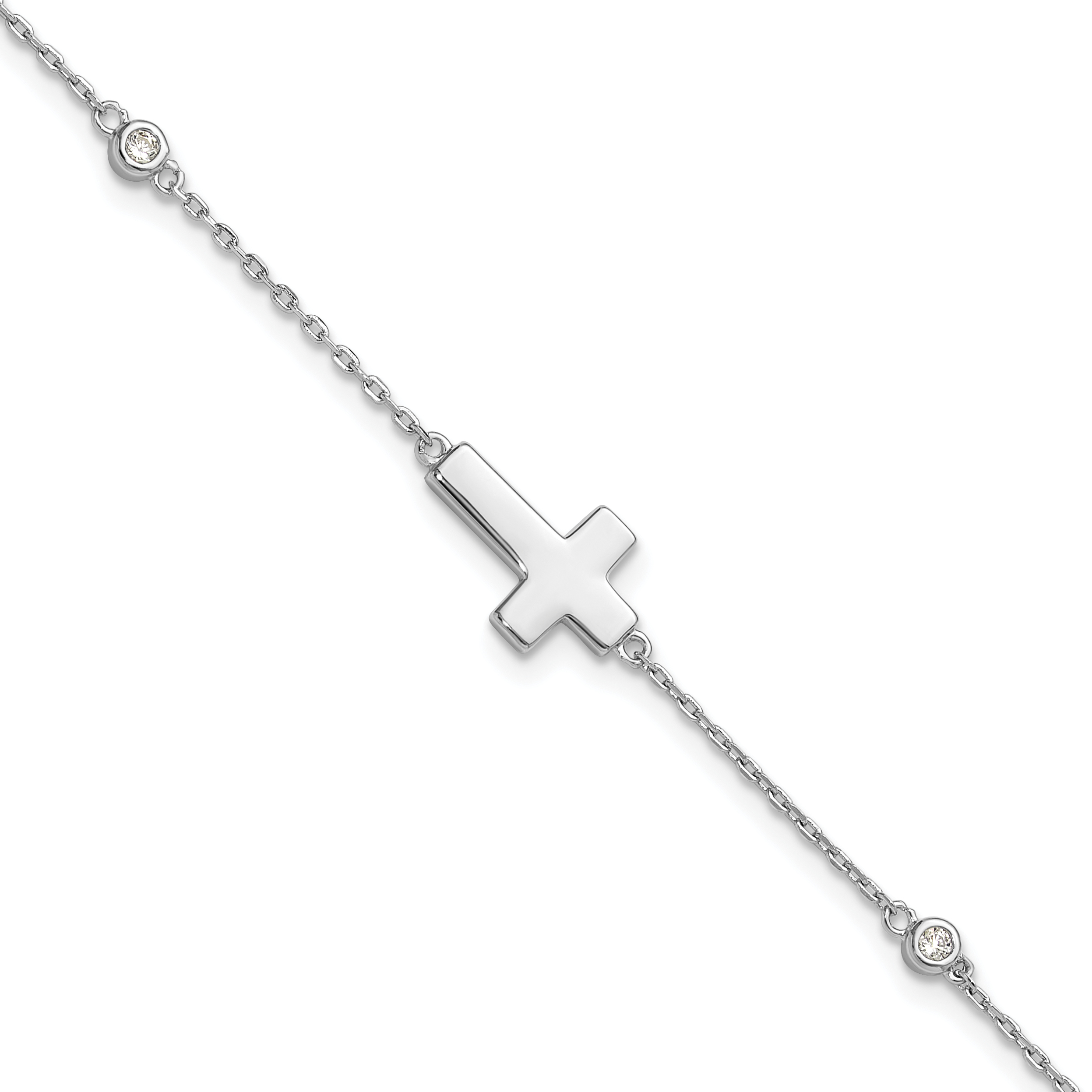 Sterling Silver Rhodium-plated CZ Sideways Cross 7in w/1in ext. Bracelet (QG6379-7)