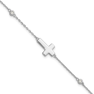 Sterling Silver Rhodium-plated CZ Sideways Cross 8in w/1in ext. Bracelet