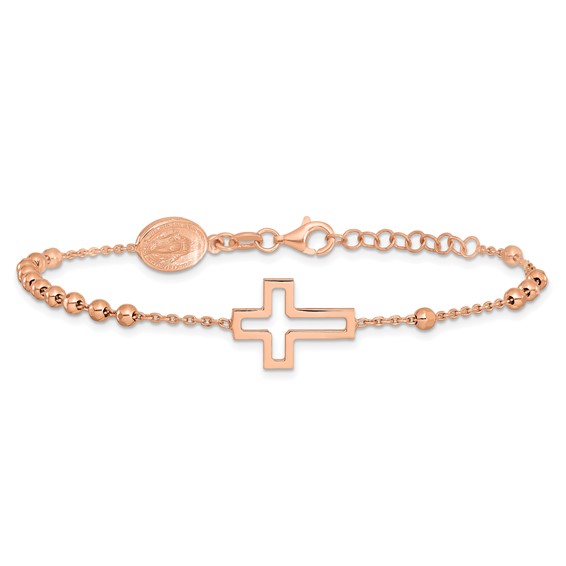 Sterling Silver Rose-tone Rosary Cross 7in w/1in Ext. Bracelet