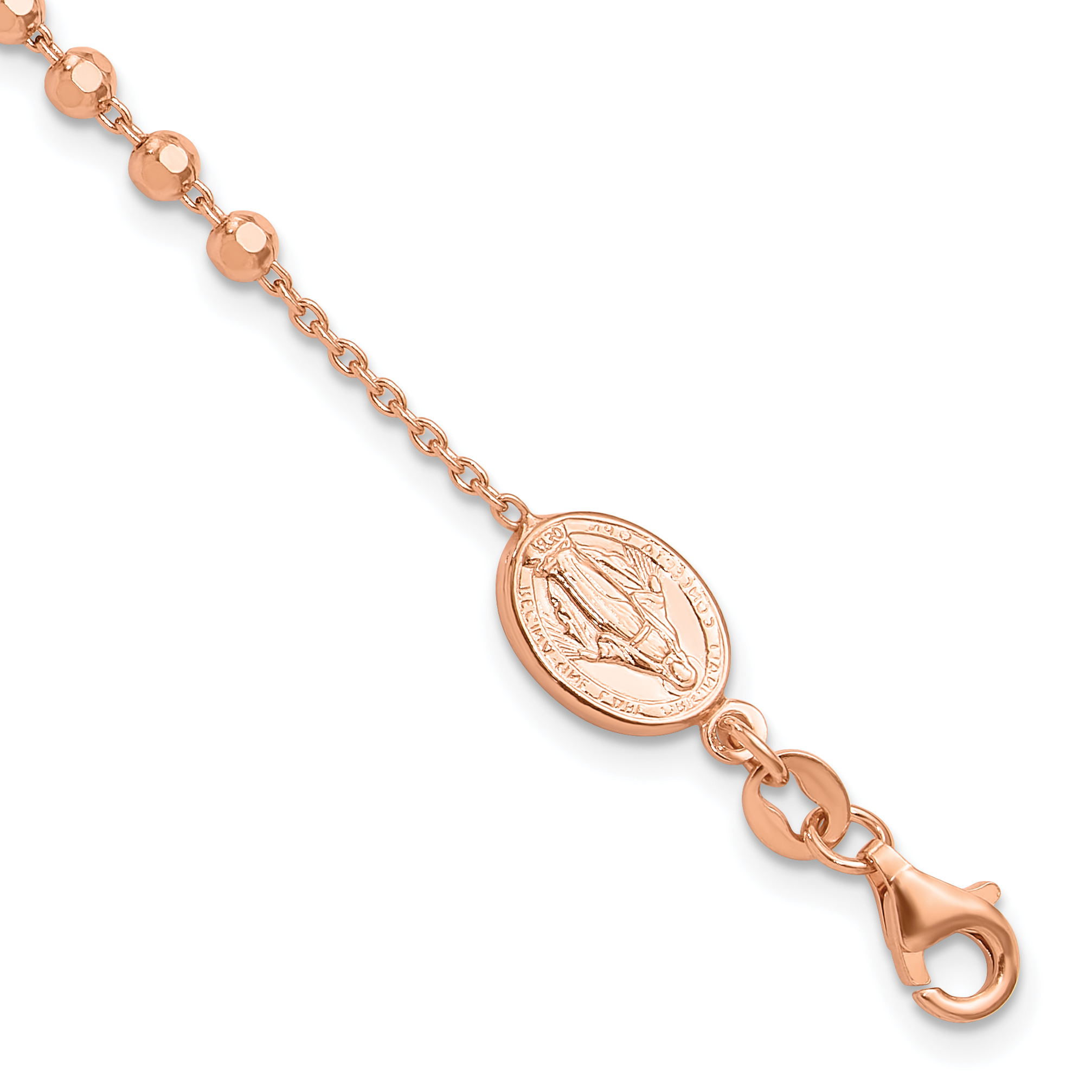 Sterling Silver Rose-tone Rosary Cross 7in w/1in Ext. Bracelet (QG6381RP-7)