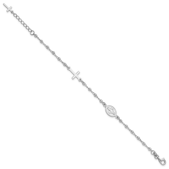 Sterling Silver Rh-plated 6.5in w/1in ext Rosary Bracelet
