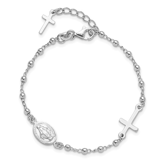 Sterling Silver Rh-plated 6.5in w/1in ext Rosary Bracelet
