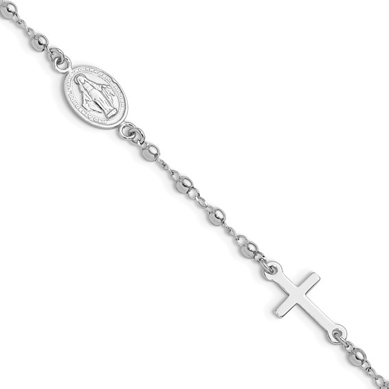 Sterling Silver Rh-plated 6.5in w/1in ext Rosary Bracelet