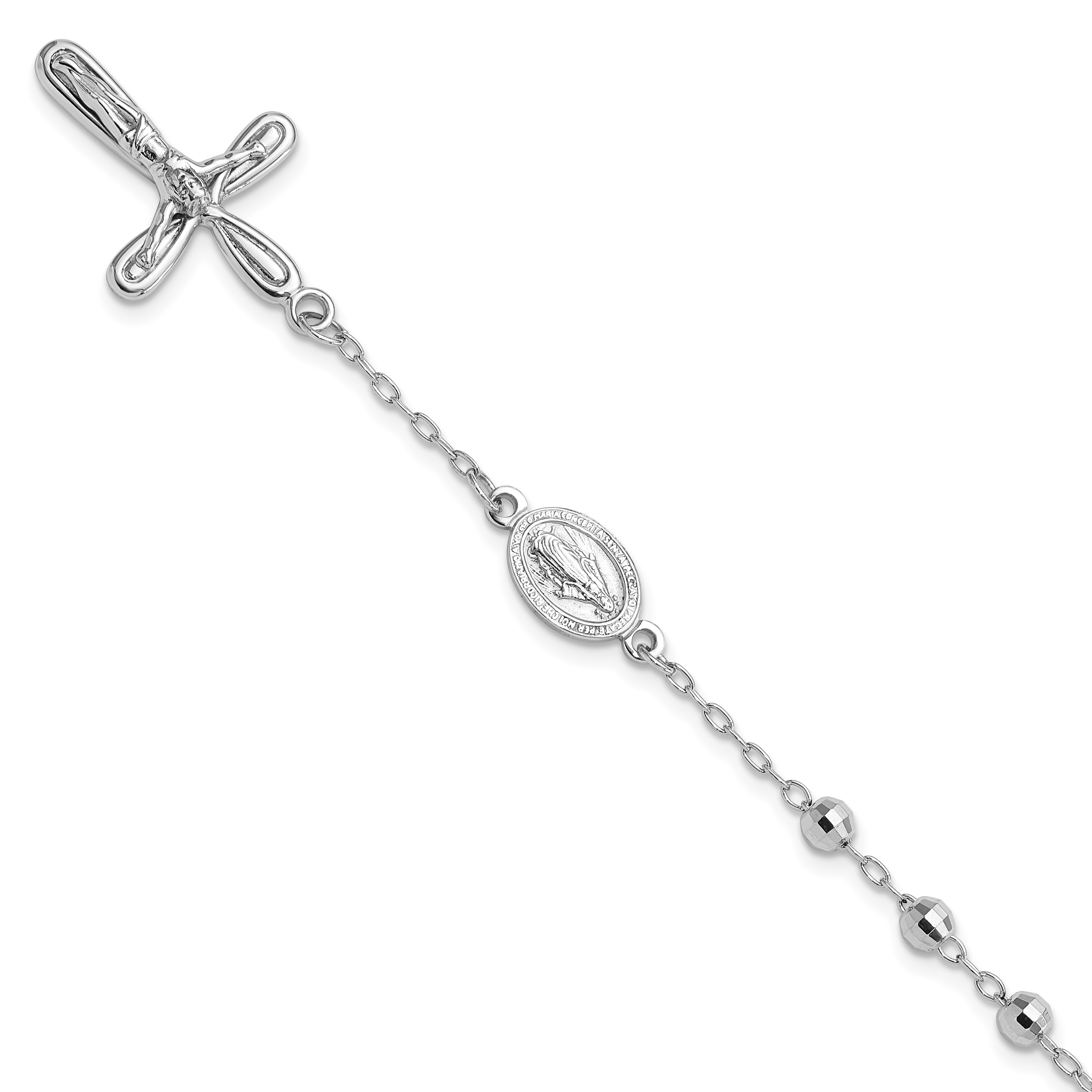 Sterling Silver Rhodium-plated Dangle Cross Beaded Rosary 7.5in Bracelet (QG6383-7.5)