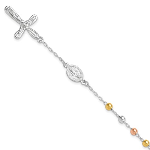 Sterling Silver Rh-plated Rose and Gold-Tone Cross Rosary Bracelet