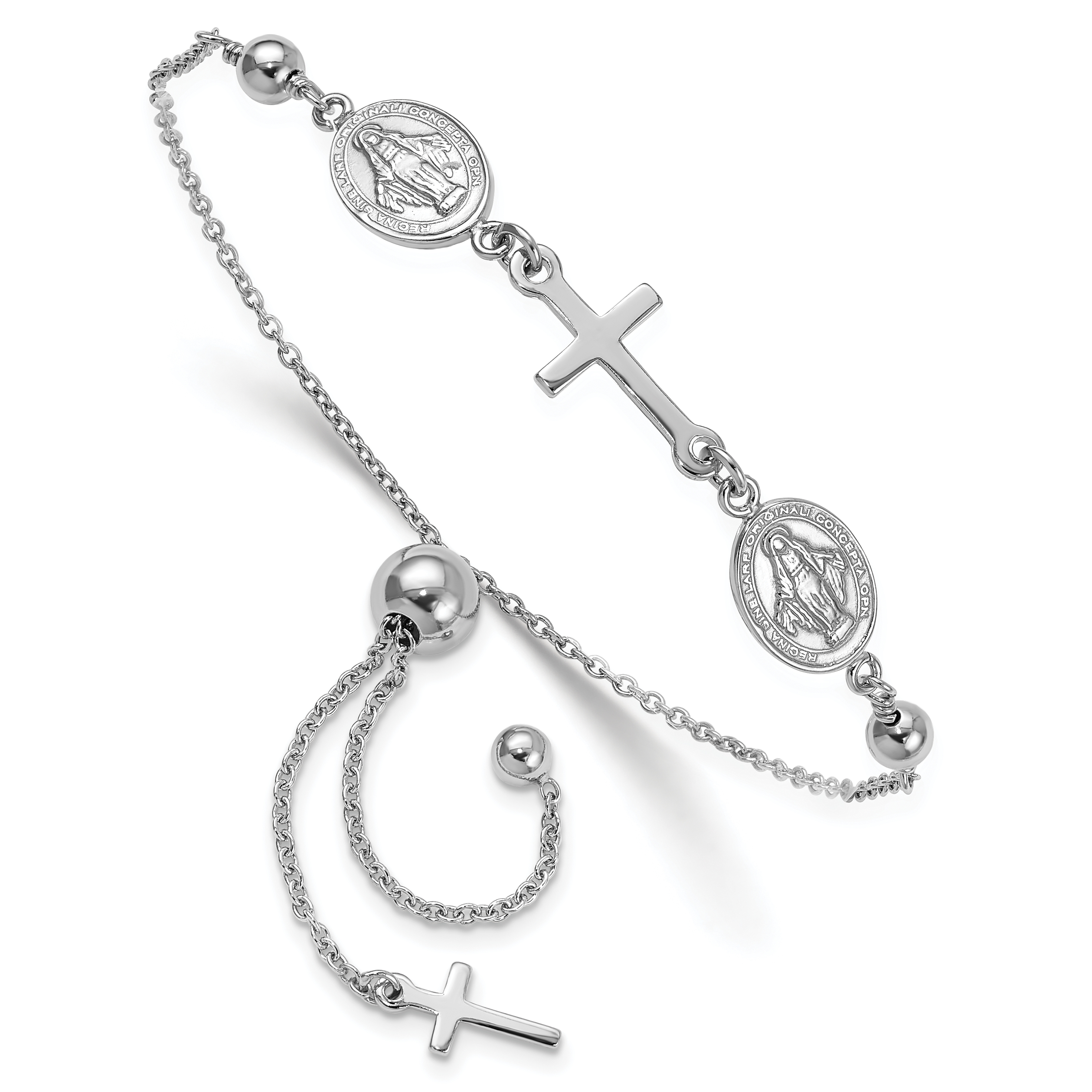 Sterling Silver Rhod-plated Cross with Medals Adjustable Bracelet (QG6385)