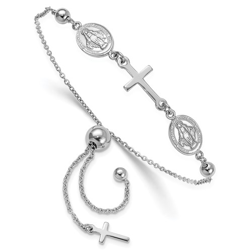 Sterling Silver Rhod-plated Cross with Medals Adjustable Bracelet