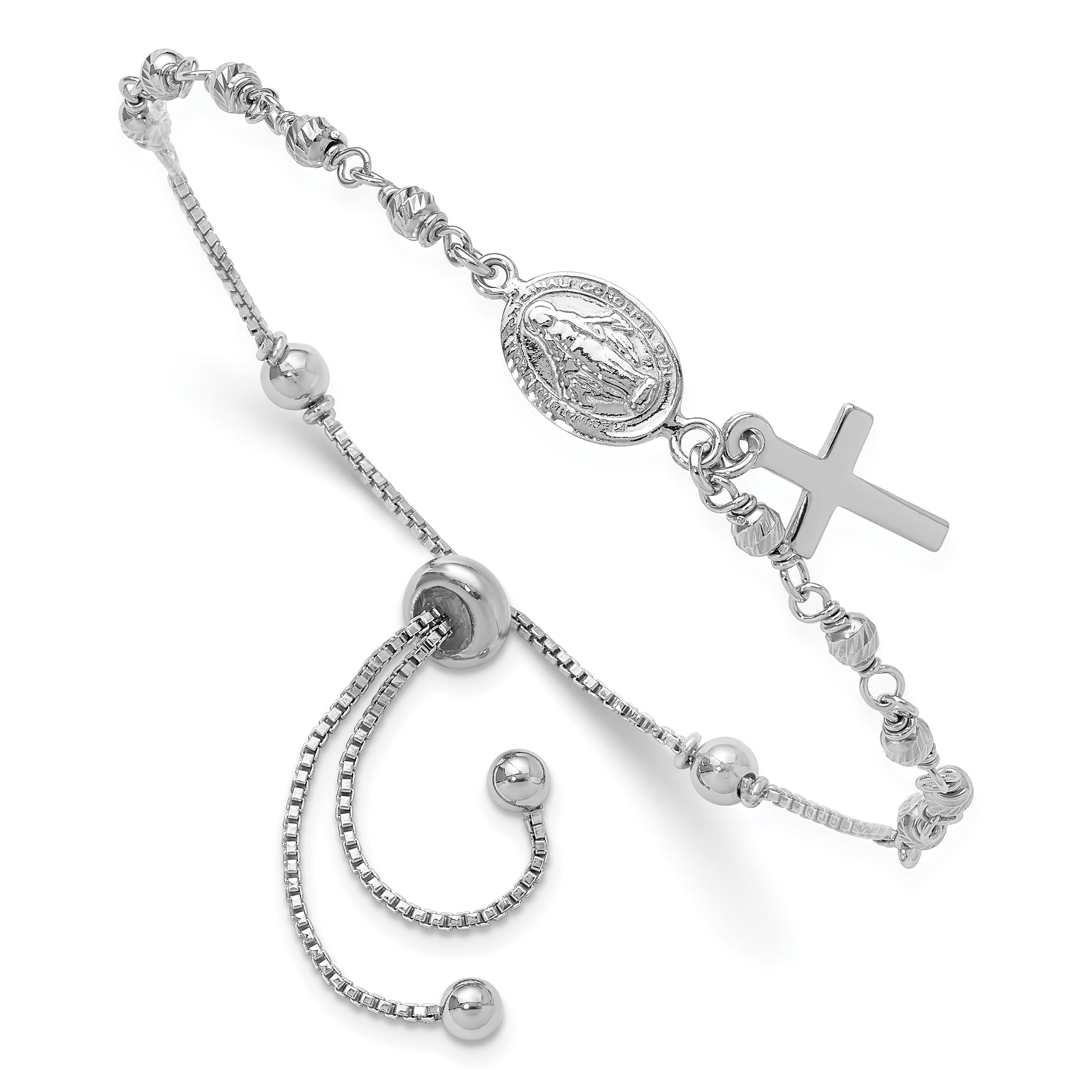 Sterling Silver Rh-plated Cross Dangle Rosary Adjustable Bracelet (QG6386)