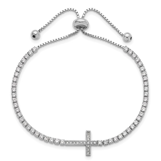 Sterling Silver CZ Sideways Cross Adjsutable Bracelet