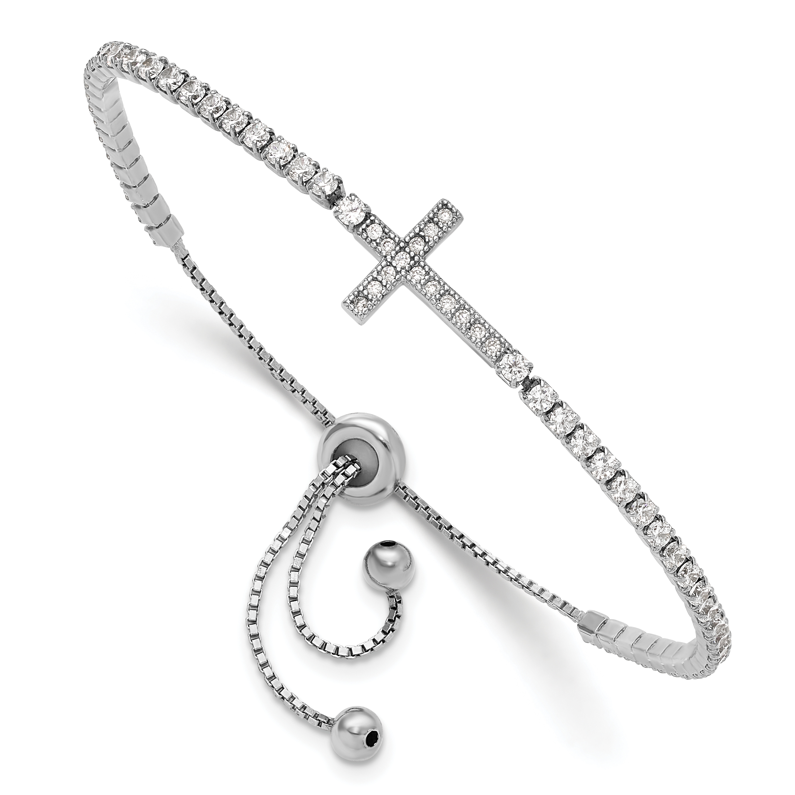 Sterling Silver Rhodium-plated CZ Sideways Cross Adjustable Bracelet (QG6388)