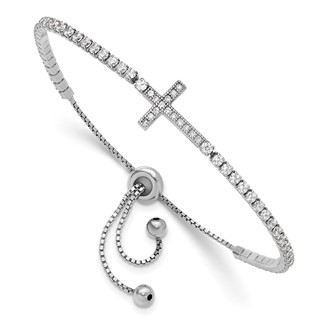 Sterling Silver CZ Sideways Cross Adjsutable Bracelet