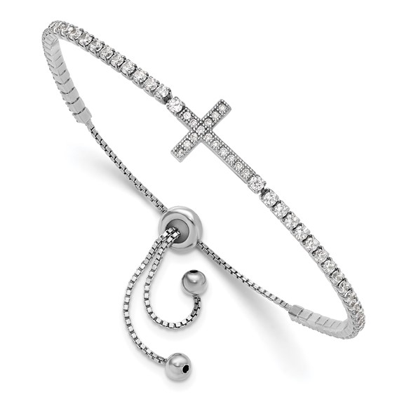 Sterling Silver CZ Sideways Cross Adjsutable Bracelet