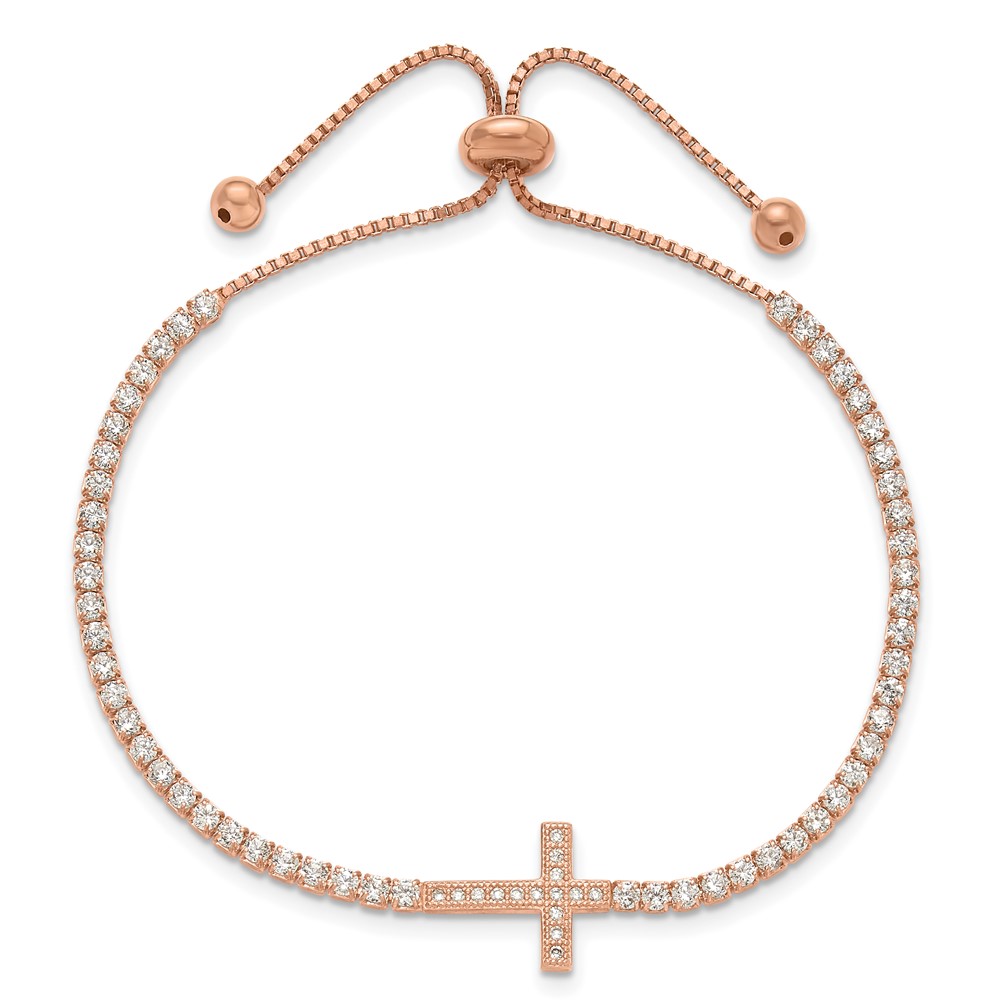 Sterling Silver Rose-tone CZ Sideways Cross Adjustable Bracelet (QG6388RP)