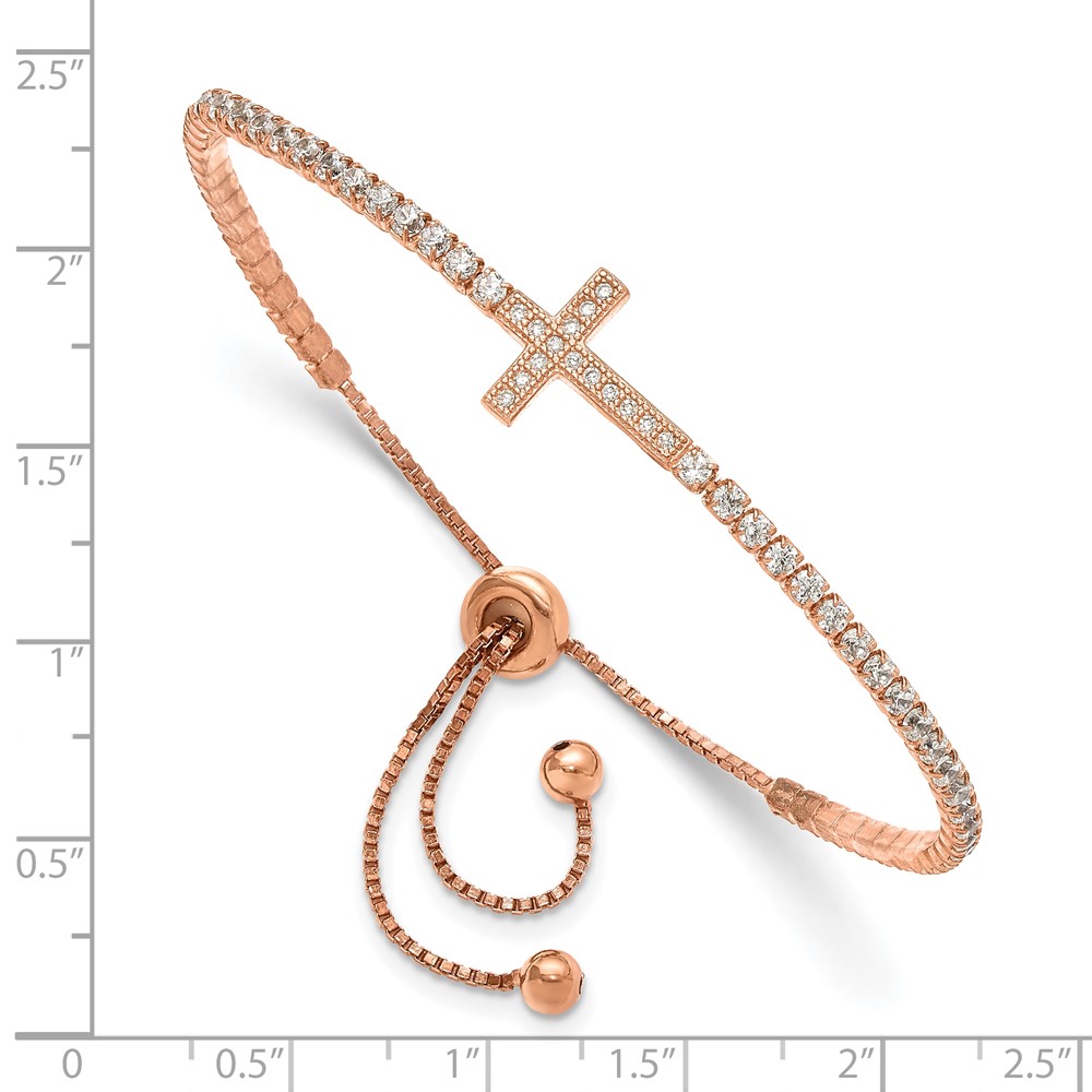 Sterling Silver Rose-tone CZ Sideways Cross Adjustable Bracelet (QG6388RP)