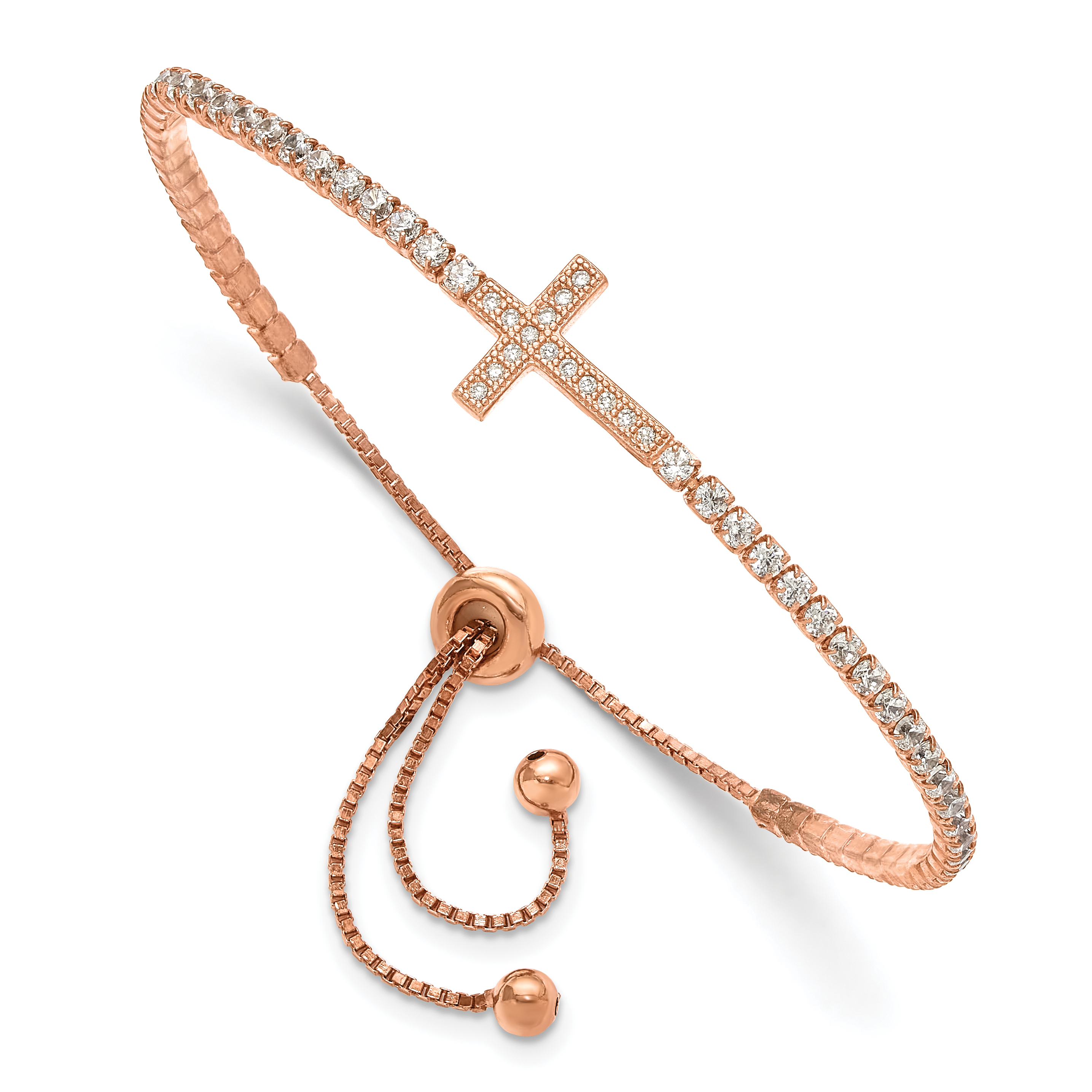 Sterling Silver Rose-tone CZ Sideways Cross Adjustable Bracelet (QG6388RP)