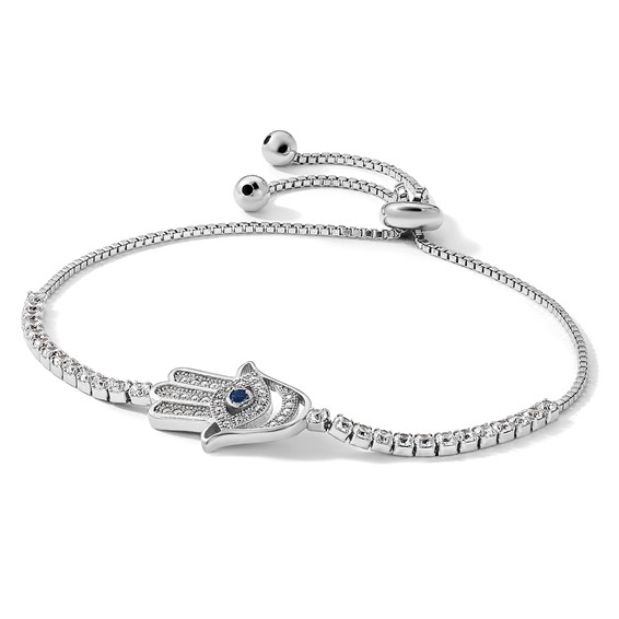 Sterling Silver Rh-plated Clear and Blue CZ Evil Eye Hamsa Adj Bracelet