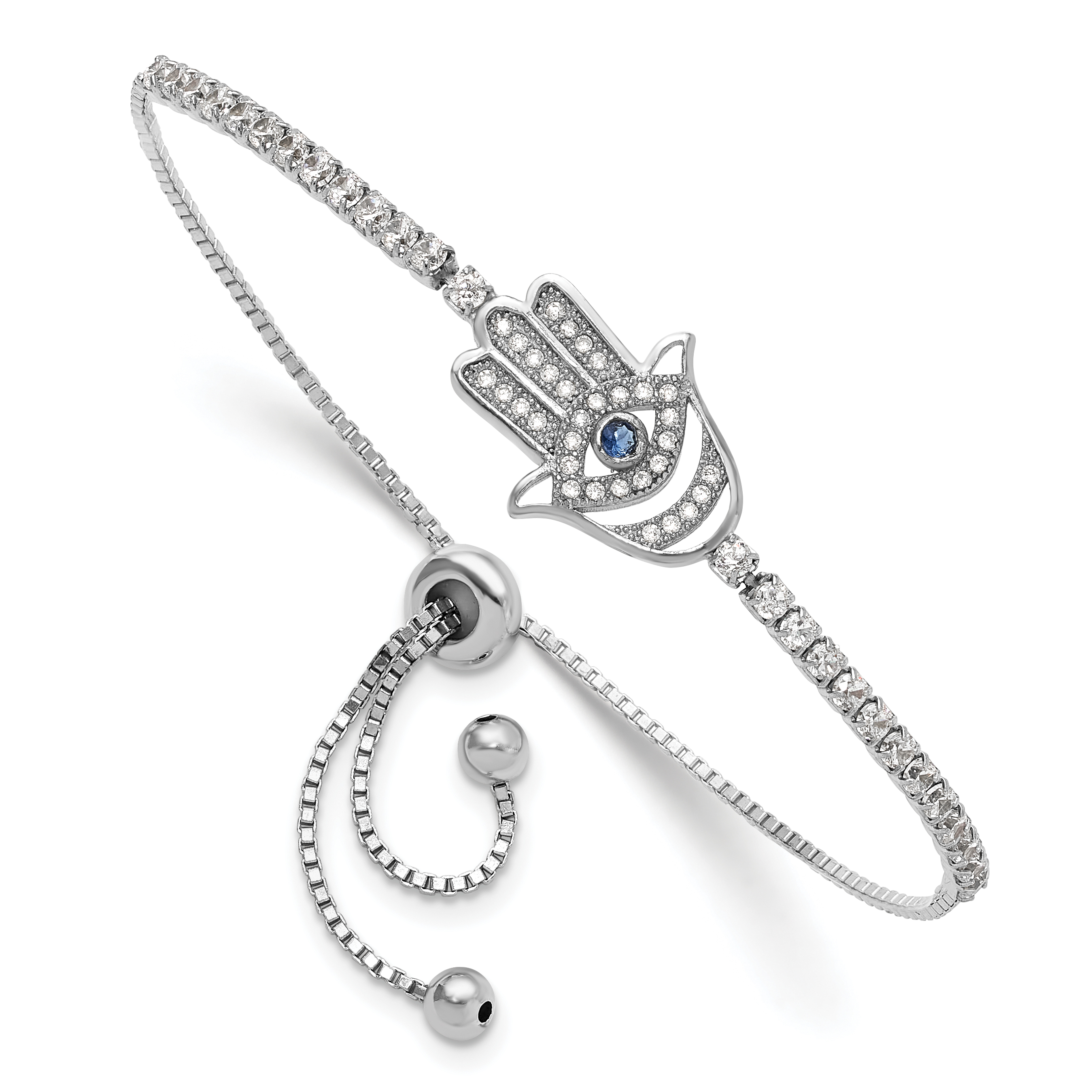 Sterling Silver Rh-plated Clear and Blue CZ Evil Eye Hamsa Adj Bracelet (QG6390)
