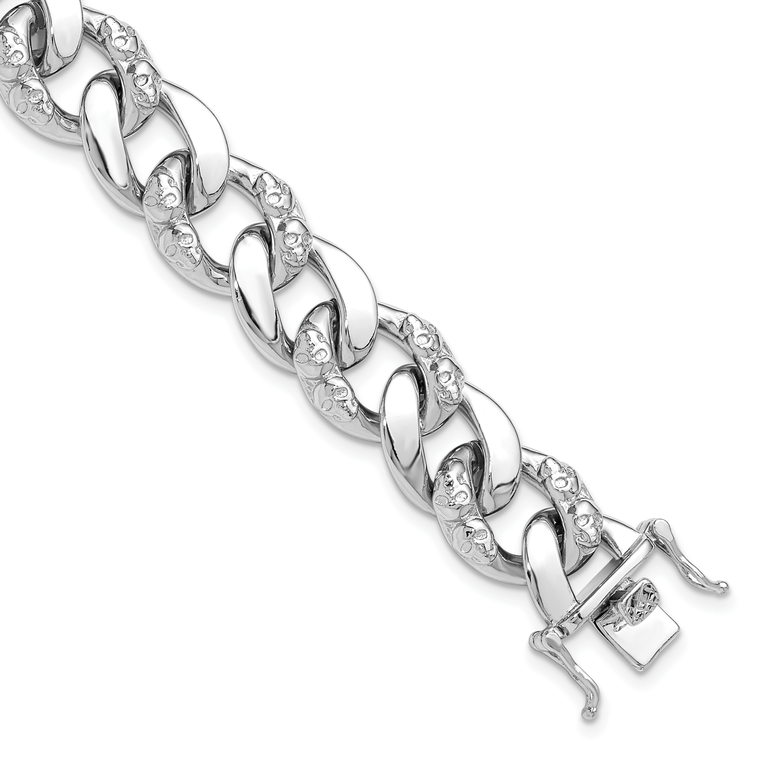Sterling Silver Rhodium-plated 12mm Skull Curb Link 8.25in Bracelet (QG6394-8.25)