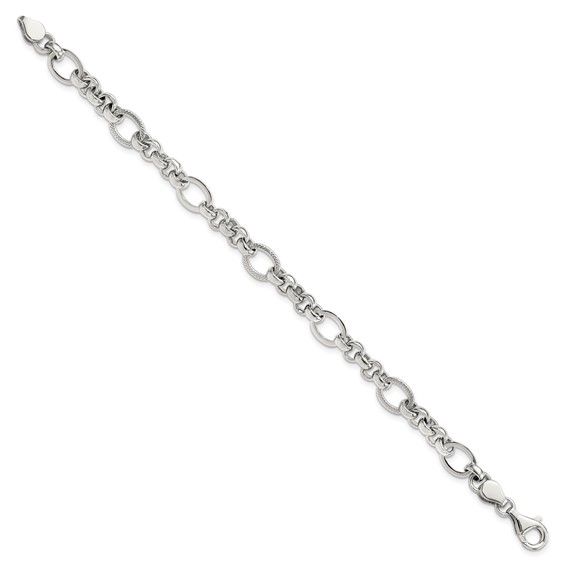 Sterling Silver Rhodium-plated Polished/Textured Fancy Link 7.5in Bracelet