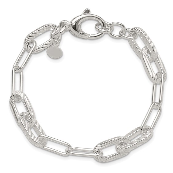 Sterling Silver Polished and Textured Paperclip Link Bracelet