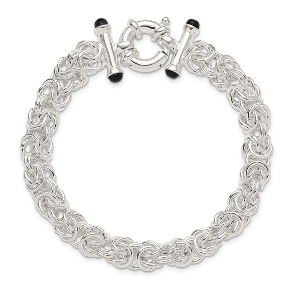 Sterling Silver Polished Black Onyx Rounded Byzantine Chain Bracelet