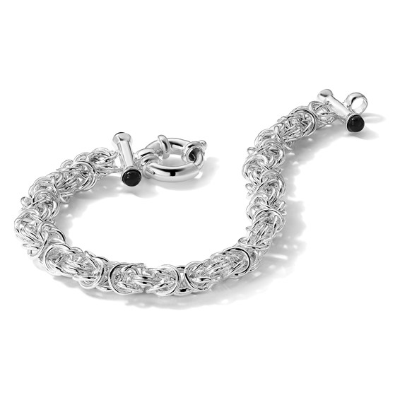 Sterling Silver Polished Black Onyx Rounded Byzantine Chain Bracelet