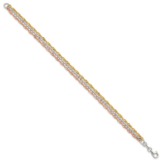Sterling Silver Gold-tone and Rose Tone 3 Strand 7.5in Bracelet