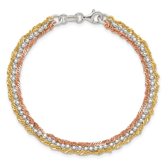 Sterling Silver Gold-tone and Rose Tone 3 Strand 7.5in Bracelet