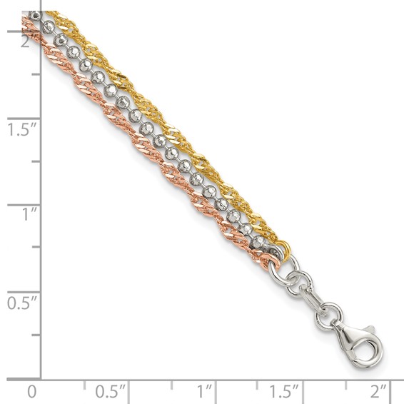 Sterling Silver Gold-tone and Rose Tone 3 Strand 7.5in Bracelet