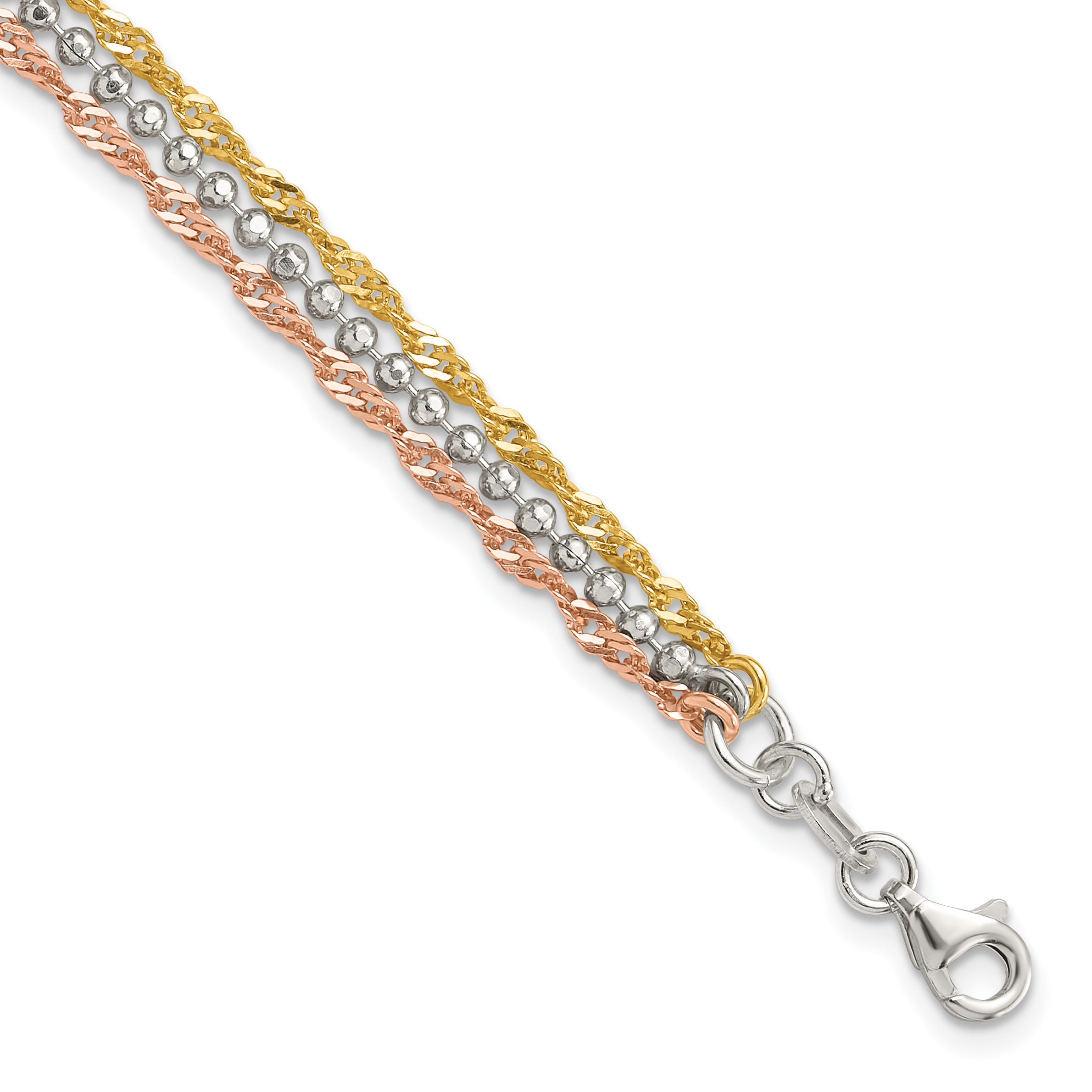 Sterling Silver Gold Tone and Rose Tone 3 Strand 7.5in Bracelet (QG6412-7.5)