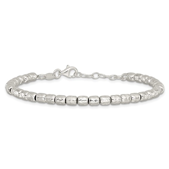 Sterling Silver RH-plated Polish/Hammered Beaded w/1 in ext. Bracelet
