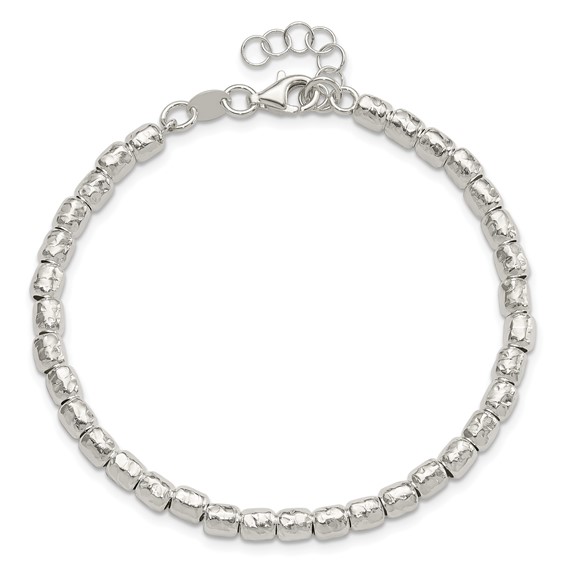 Sterling Silver RH-plated Polish/Hammered Beaded w/1 in ext. Bracelet