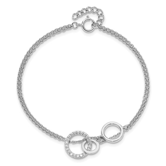 Sterling Silver RH-plated CZ Double Strand Circles w/1.25in Ext Bracelet