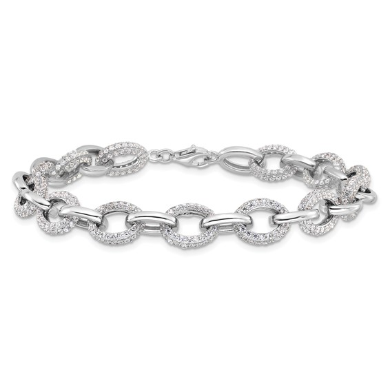 Sterling Silver Rhodium-plated Micro Pave CZ Rolo Link 7.5in Bracelet
