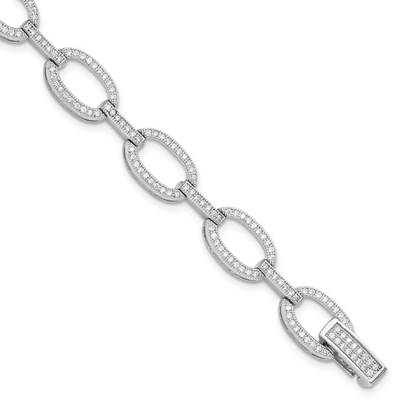 Sterling Silver Rhodium-plated CZ Oval Link Bracelet