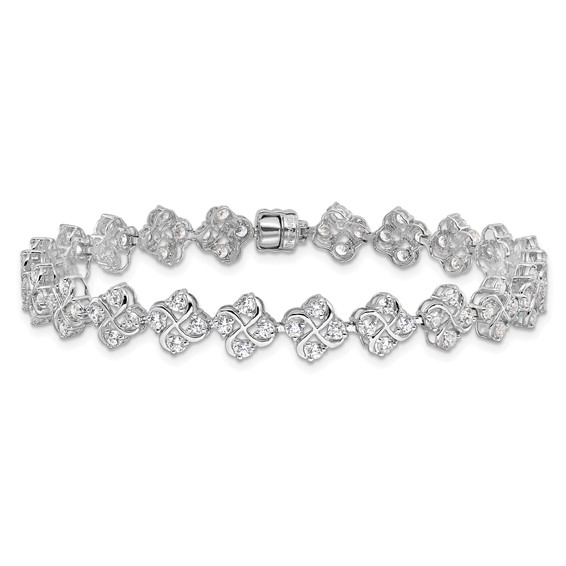 Sterling Silver Rhodium-plated Polished CZ Cluster Magnetic Clasp Bracelet