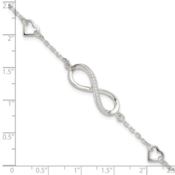 Sterling Silver Rhodium-plated CZ Infinity/Hearts 7in w/1in ext Bracelet
