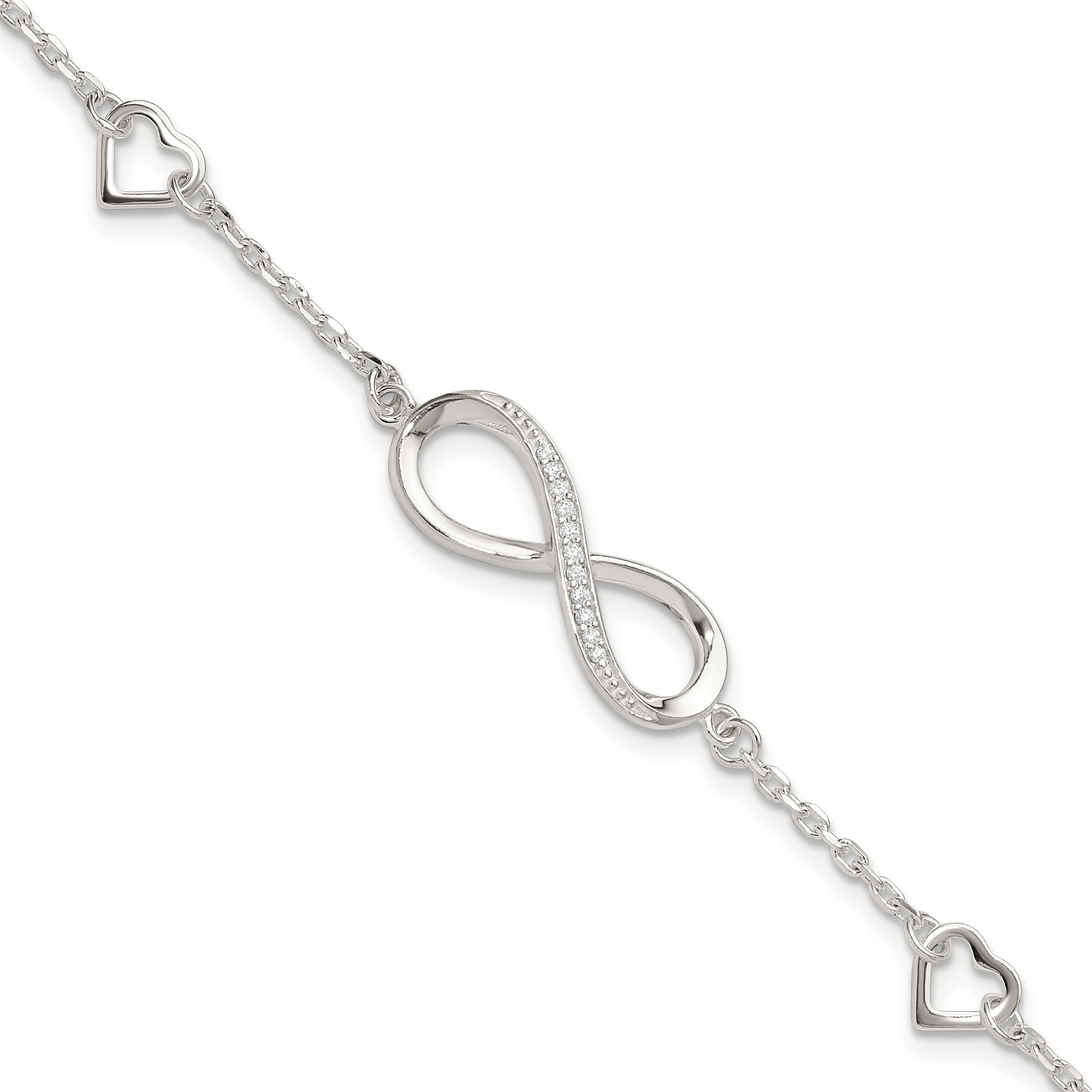 Sterling Silver Rhodium-plated CZ Infinity/Hearts 7in w/1in ext Bracelet (QG6462-7)