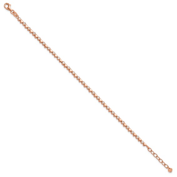 Sterling Silver Rose-tone Polished CZ and Hearts 7in w/1in ext. Bracelet