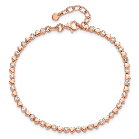 Sterling Silver Rose-tone Polished CZ and Hearts 7in w/1in ext. Bracelet