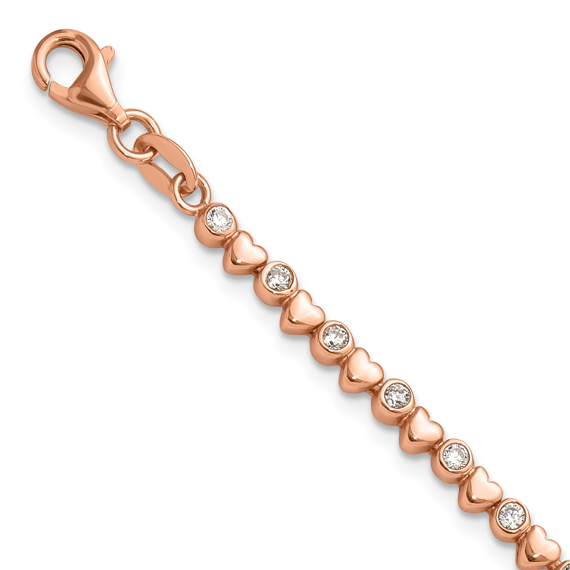 Sterling Silver Rose Tone Polished CZ and Hearts 7in w/1in ext. Bracelet (QG6464RP-7)