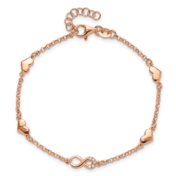Sterling Silver Rose Gold-plated Heart CZ Infinity w/.5in ext. Bracelet