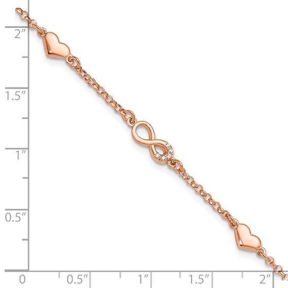 Sterling Silver Rose Gold-plated Heart CZ Infinity w/.5in ext. Bracelet