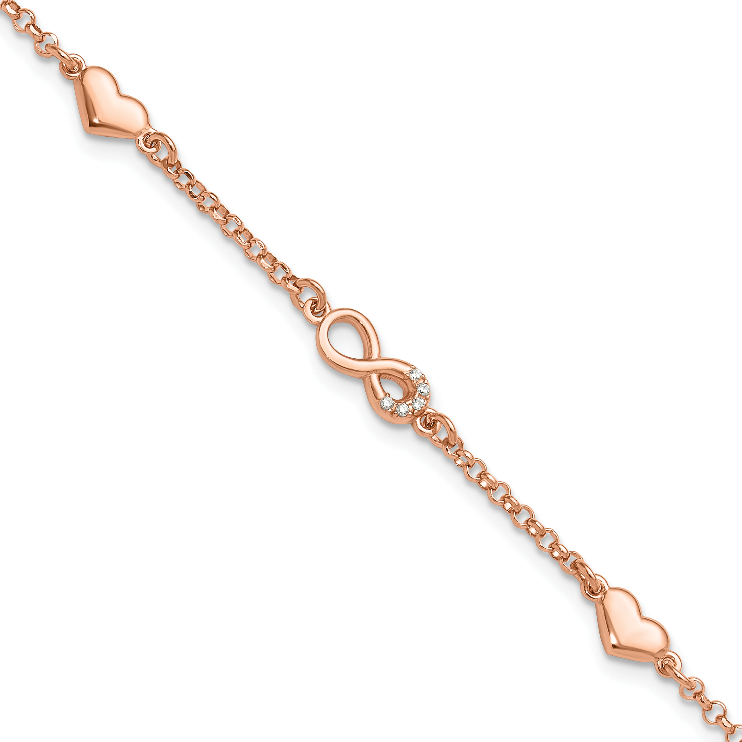 Sterling Silver Rose Gold-plated Heart CZ Infinity w/.5in ext. Bracelet (QG6465RP-6.5)