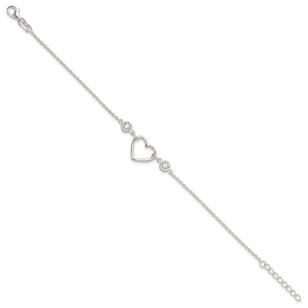 Sterling Silver Rhodium-plated Polished CZ Heart with 1in ext Bracelet (QG6466-7)