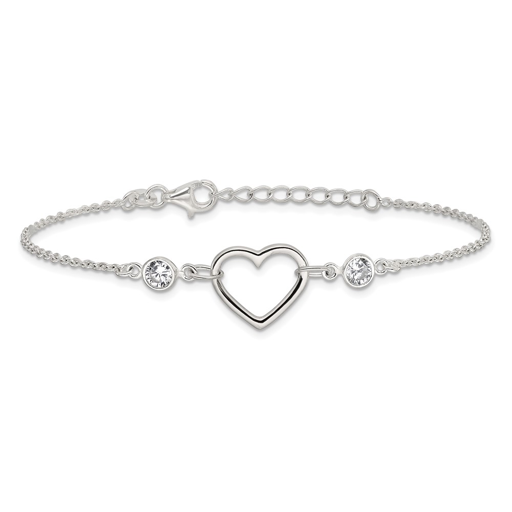 Sterling Silver Rhodium-plated Polished CZ Heart with 1in ext Bracelet (QG6466-7)