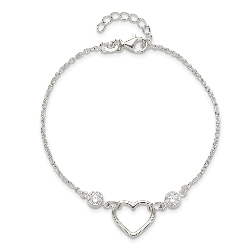 Sterling Silver Rhodium-plated Polished CZ Heart with 1in ext Bracelet (QG6466-7)