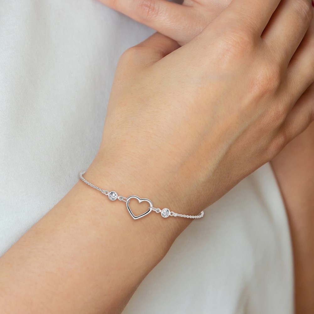 Sterling Silver Rhodium-plated Polished CZ Heart with 1in ext Bracelet (QG6466-7)